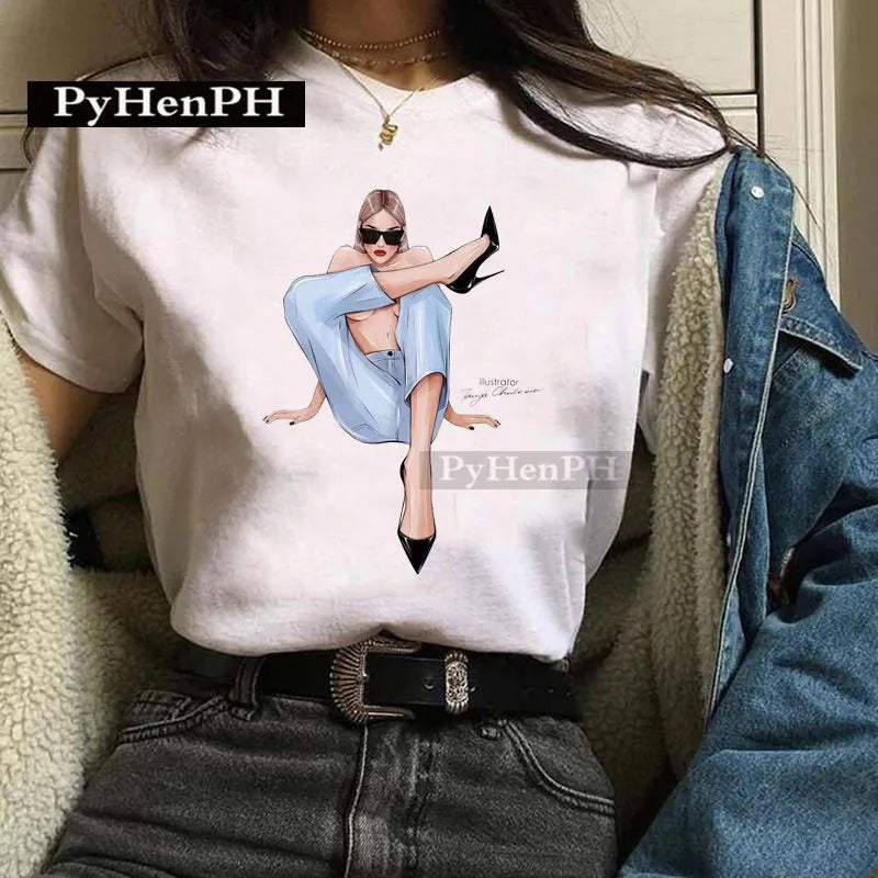 Fashion Girl T Shirt A Stylish European and American Style Printed T-shirt Is A Great Summer Casual Friend for Women