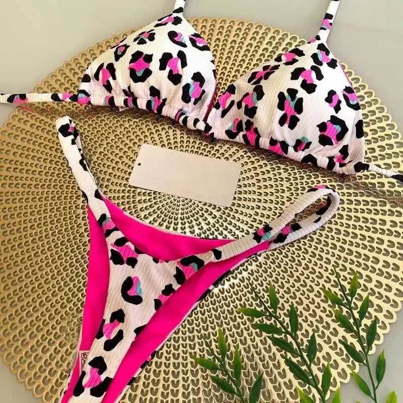 Sexy Bikini Set Bathing Suit Women Vintage Print Halter Lace-up Thongs Bikini Push Up Y2k Fashion Chic Beach Style Sexy Swimsuit