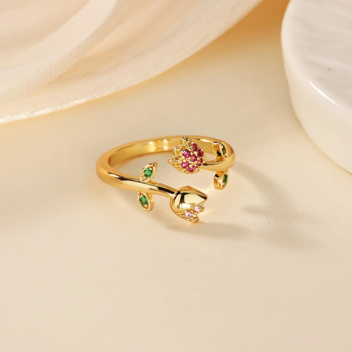 Romantic Colorful Tulip Flower CZ Stainless Steel Women's Ring 18K Gold-plated Anti Fading Rings Wedding Jewelry New Accessories