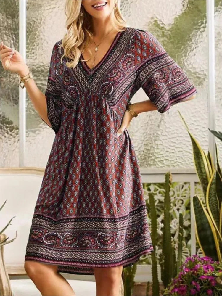 Summer New Fashion Literary Retro Printed Dress Women's V-neck Short-sleeved Mini Dress Elegant Casual Loose Party Dresses