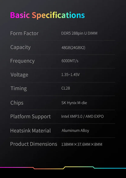KingBank SoarBlade KFRW DDR5 RGB Series 24GBx2 6000MHz Kit UDIMM Dual Channel Computer Desktop PC Hynix M die CL28