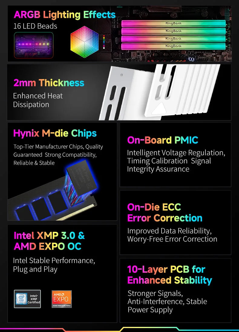 KingBank SoarBlade KFRW DDR5 RGB Series 24GBx2 6000MHz Kit UDIMM Dual Channel Computer Desktop PC Hynix M die CL28