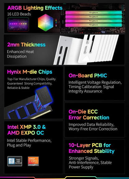 KingBank SoarBlade KFRW DDR5 RGB Series 24GBx2 6000MHz Kit UDIMM Dual Channel Computer Desktop PC Hynix M die CL28