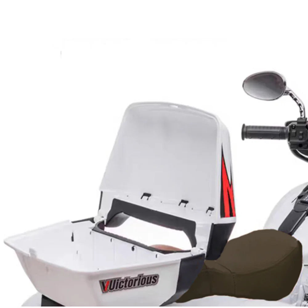 JUESHUAI eScooter 12V Two Seat Kids Electric Motorcycle with Key Start Dual Motor Headlight Storage Box 3 Wheels for Play