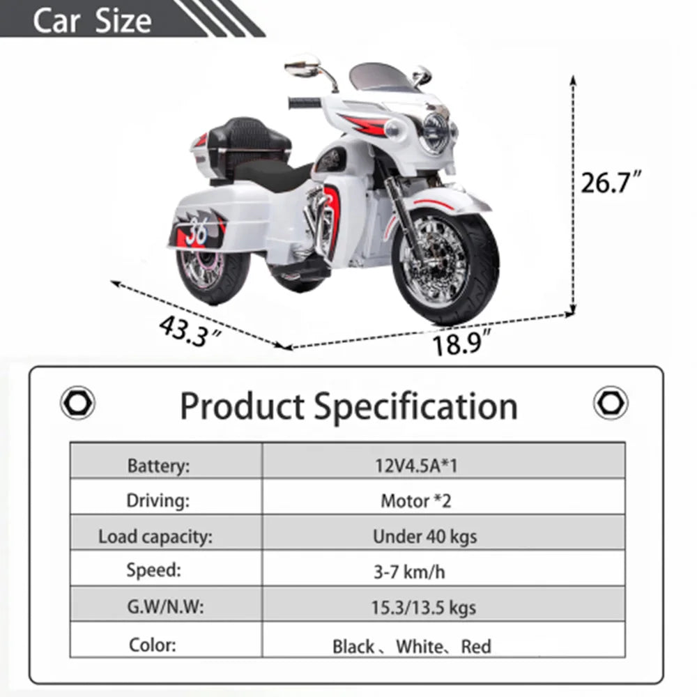 JUESHUAI eScooter 12V Two Seat Kids Electric Motorcycle with Key Start Dual Motor Headlight Storage Box 3 Wheels for Play