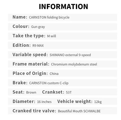 CRANSTON 16-inch 9-speed R9 Max Tri-folding Bike Electroplate Steel Frame Light Weight Foldable Bike S bar M BAR Folding Bicycle