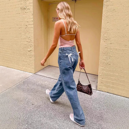 European and American Foreign Trade Cross-border High Waist Casual Bow Straight Denim Trousers for Women