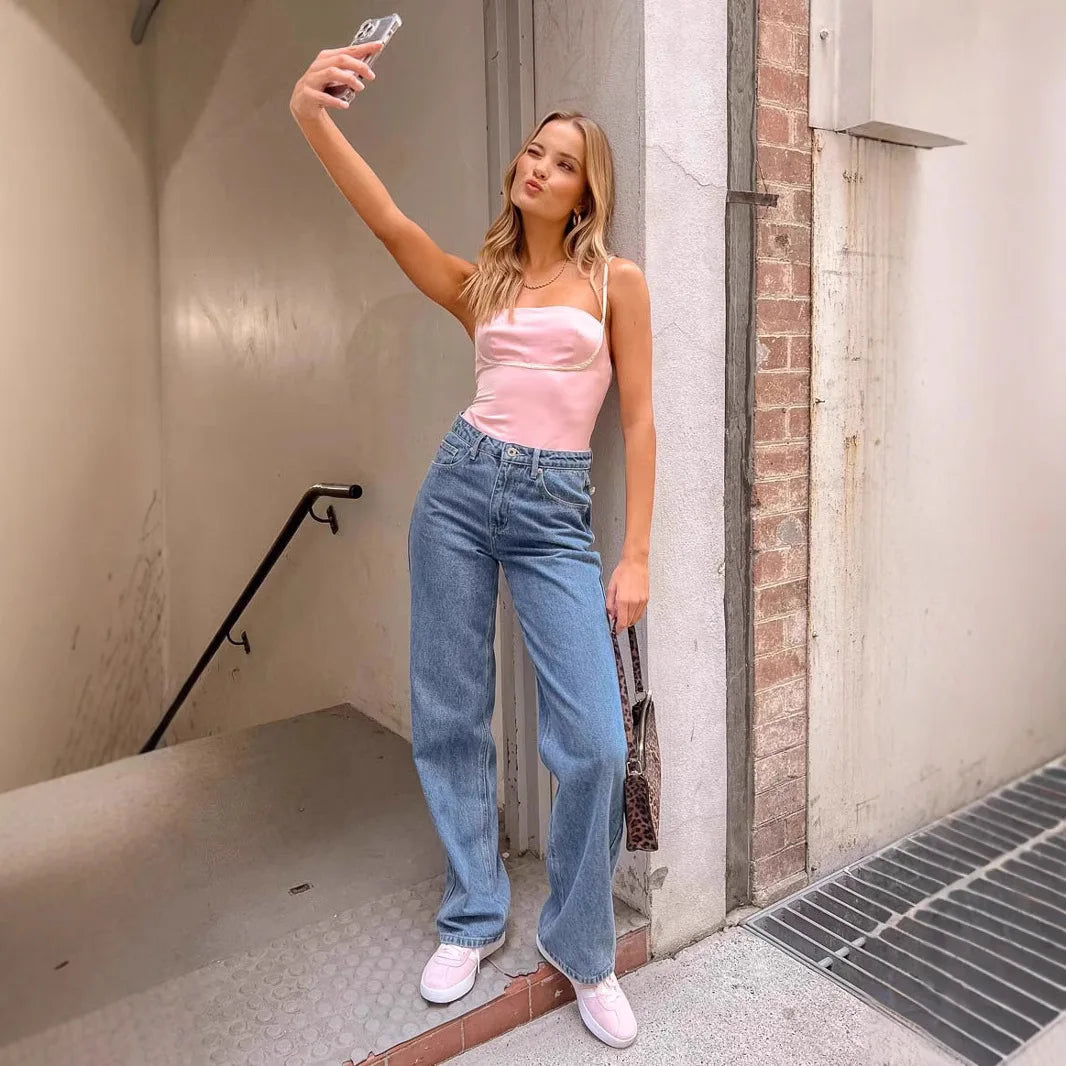 European and American Foreign Trade Cross-border High Waist Casual Bow Straight Denim Trousers for Women