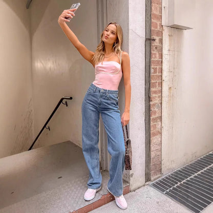 European and American Foreign Trade Cross-border High Waist Casual Bow Straight Denim Trousers for Women
