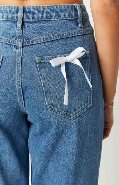 European and American Foreign Trade Cross-border High Waist Casual Bow Straight Denim Trousers for Women