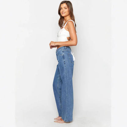 European and American Foreign Trade Cross-border High Waist Casual Bow Straight Denim Trousers for Women