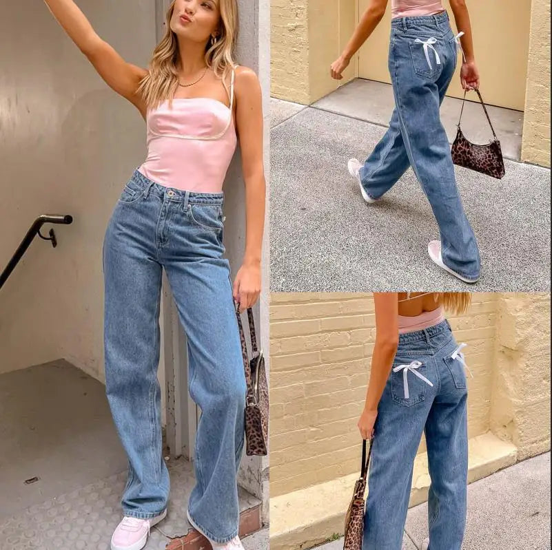 European and American Foreign Trade Cross-border High Waist Casual Bow Straight Denim Trousers for Women