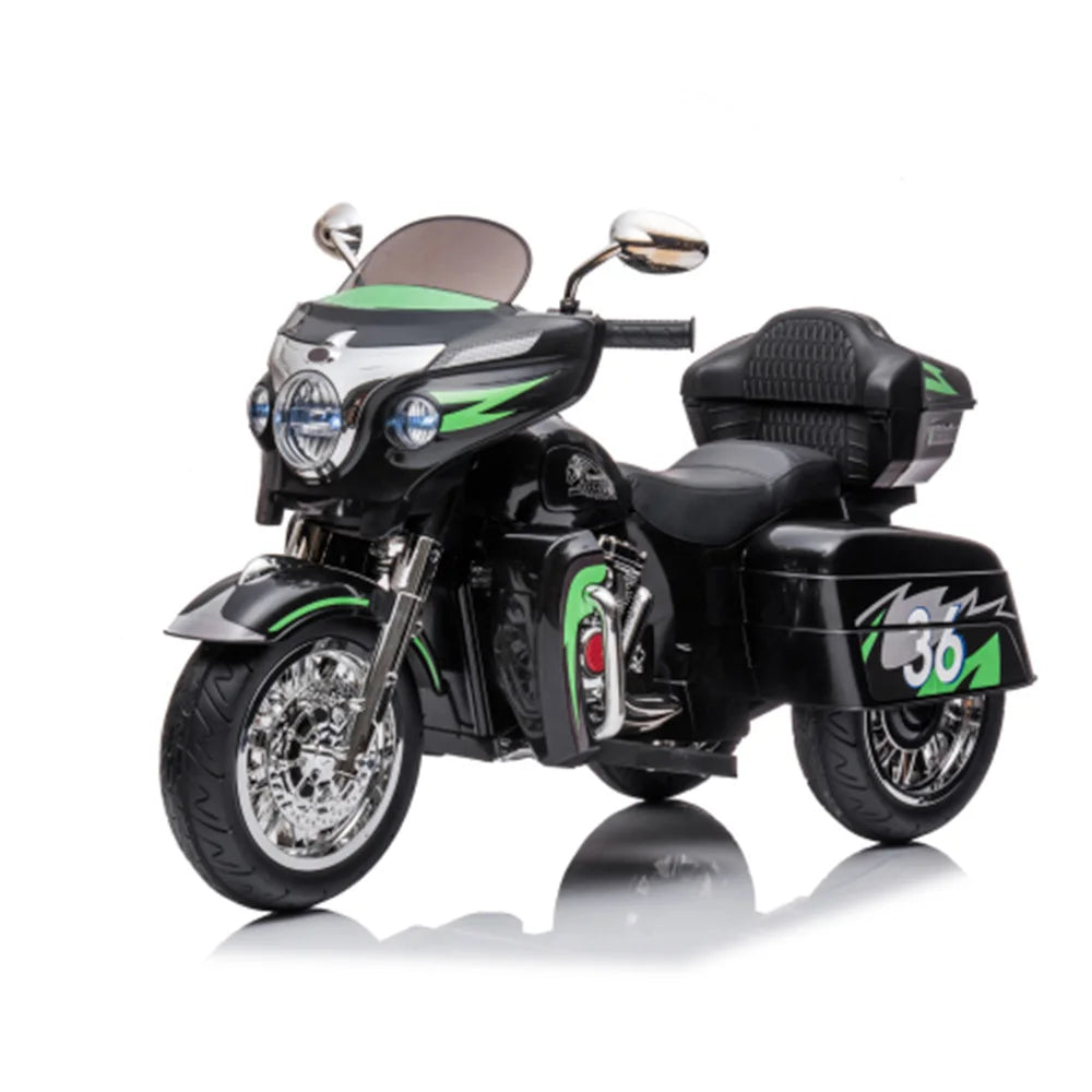 JUESHUAI eScooter 12V Two Seat Kids Electric Motorcycle with Key Start Dual Motor Headlight Storage Box 3 Wheels for Play