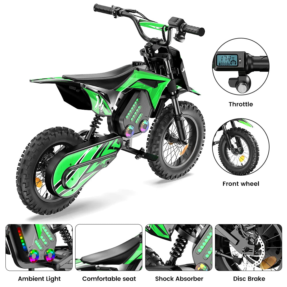 A14 14 Inch Kids Electric Motorcycle 500W Motor 36V 5.2Ah Battery 20-22km Range 17MPH Speed Bluetooth Max Load 80KG Escooter
