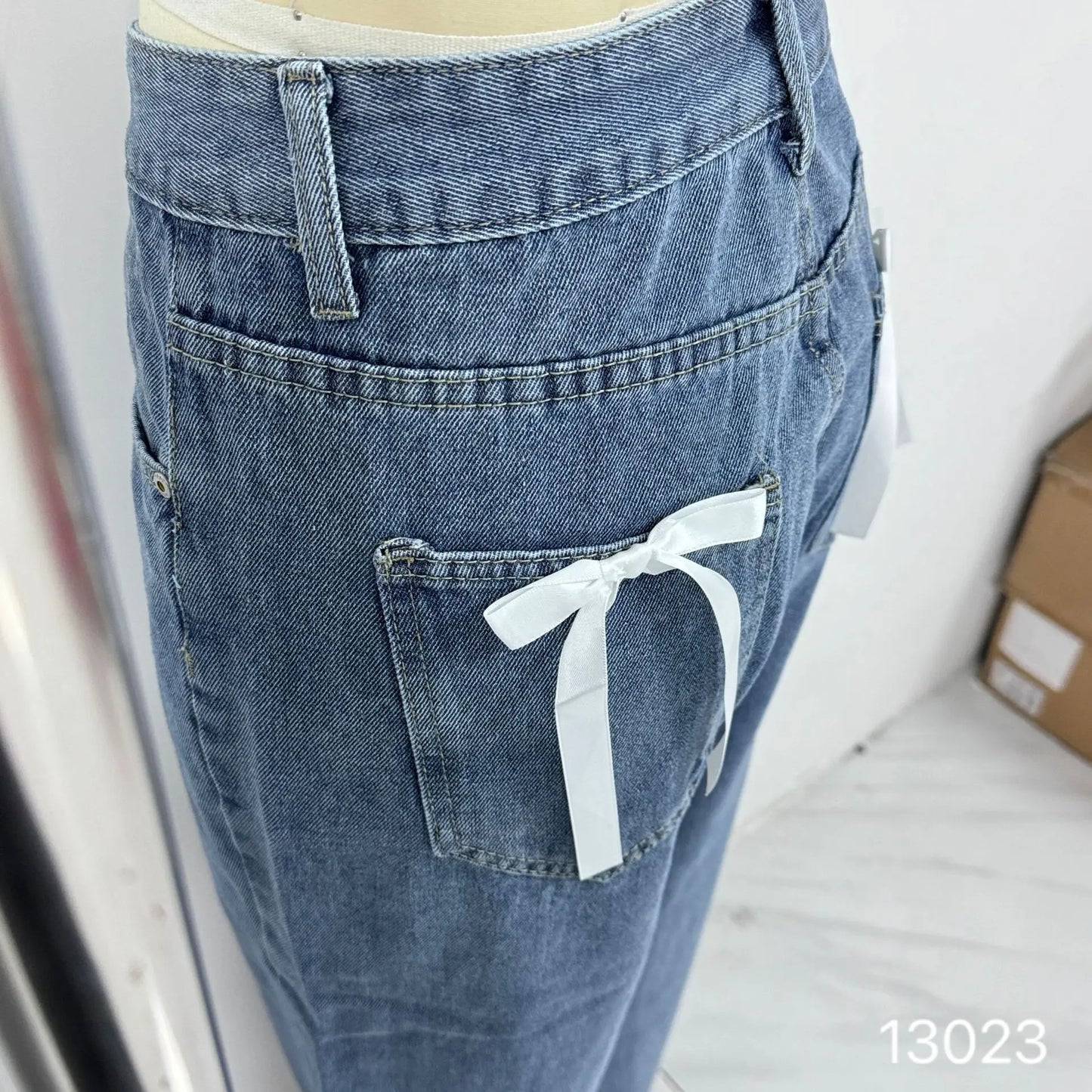 European and American Foreign Trade Cross-border High Waist Casual Bow Straight Denim Trousers for Women