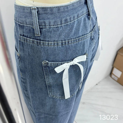 European and American Foreign Trade Cross-border High Waist Casual Bow Straight Denim Trousers for Women