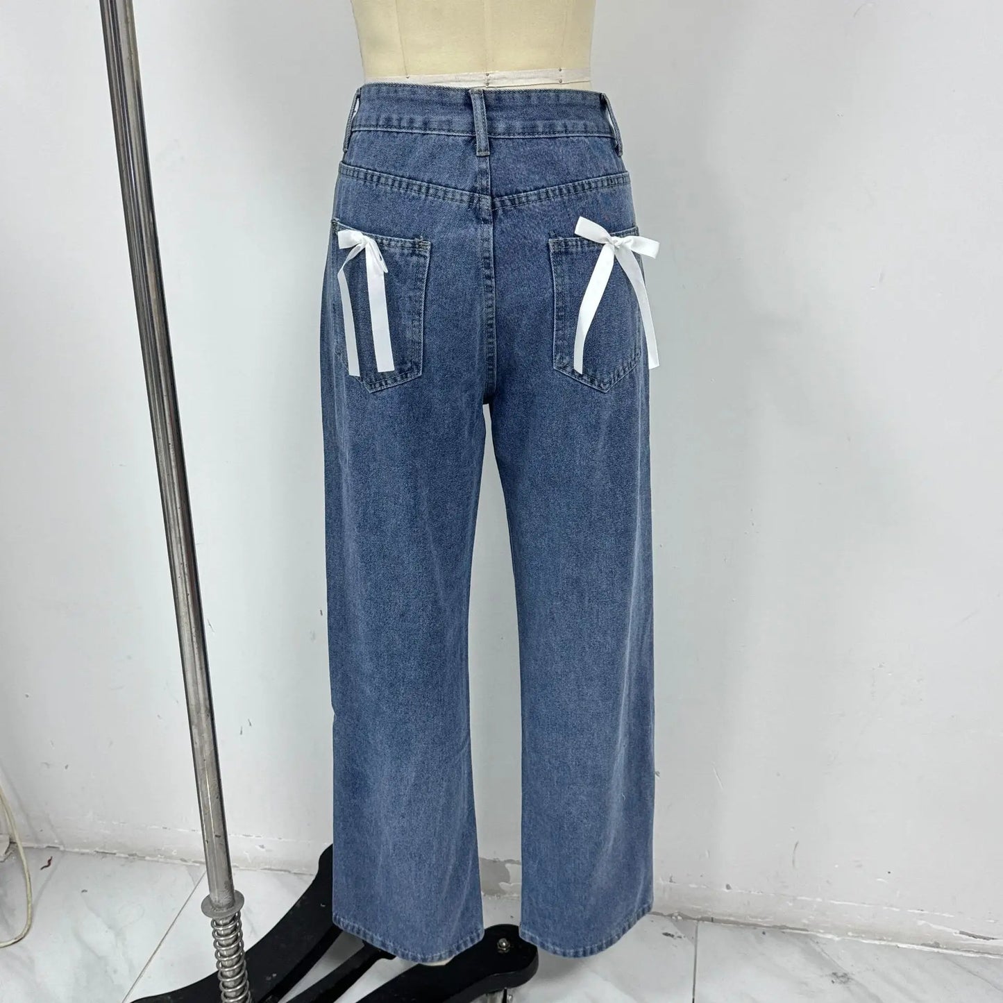 European and American Foreign Trade Cross-border High Waist Casual Bow Straight Denim Trousers for Women