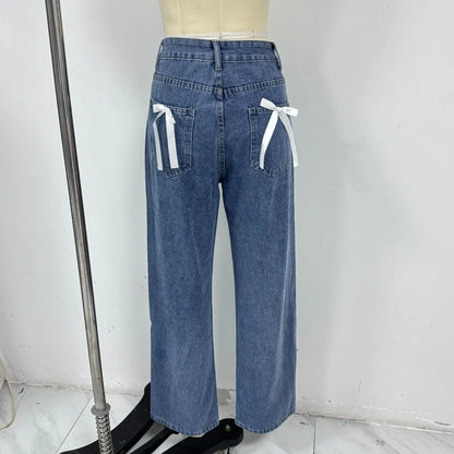European and American Foreign Trade Cross-border High Waist Casual Bow Straight Denim Trousers for Women