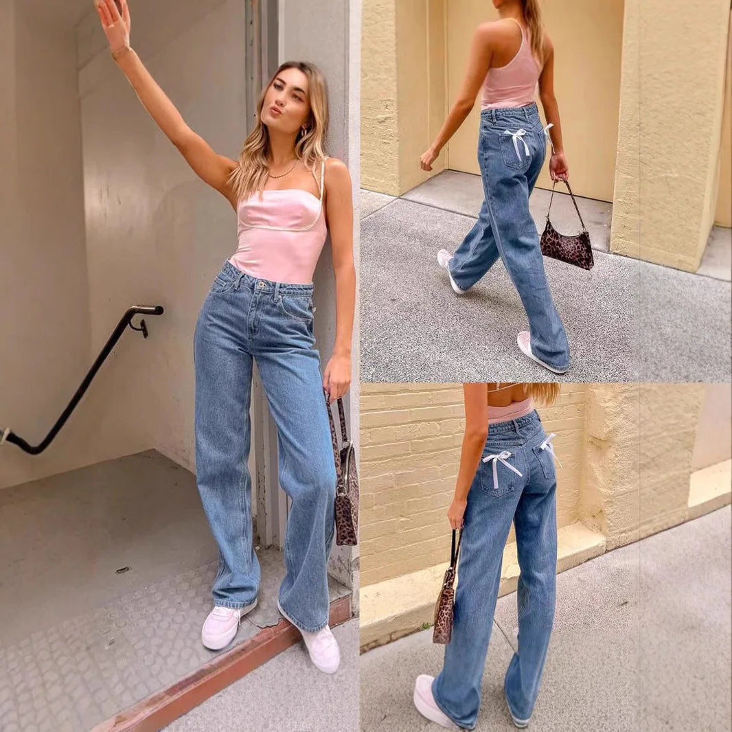 European and American Foreign Trade Cross-border High Waist Casual Bow Straight Denim Trousers for Women