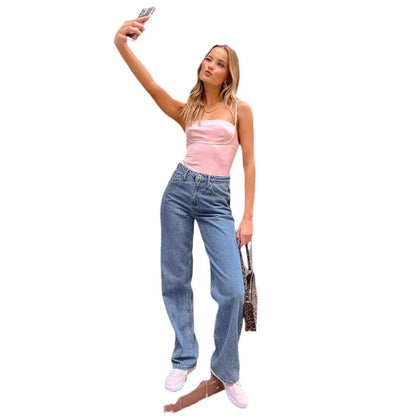 European and American Foreign Trade Cross-border High Waist Casual Bow Straight Denim Trousers for Women