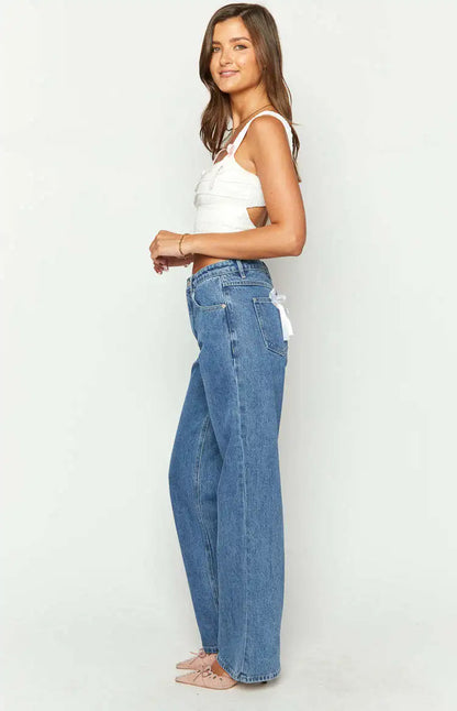 European and American Foreign Trade Cross-border High Waist Casual Bow Straight Denim Trousers for Women