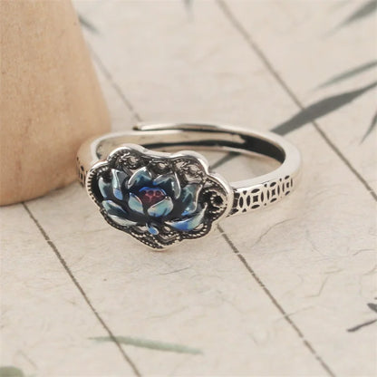 XIYANIKE Vintage Thai Silver Drip Glue Lotus Flower Adjustable Finger Rings For Women Fashion New Jewelry Gift Party anillos