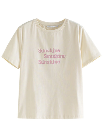 ZIQIAO Versatile Cool Sense Short-sleeved T-shirt for Women 2024 Summer New Style Simple Round Neck Top for Female