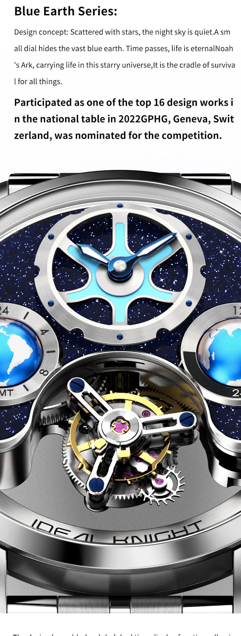 IDEAL KNIGHT Top Brand Luxruy Mens Watch Advanced Tourbillon Automatic Mechanical Watch Waterproof Luminous Dual Region Time