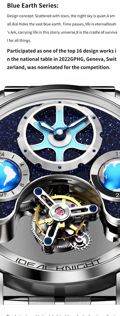 IDEAL KNIGHT Top Brand Luxruy Mens Watch Advanced Tourbillon Automatic Mechanical Watch Waterproof Luminous Dual Region Time