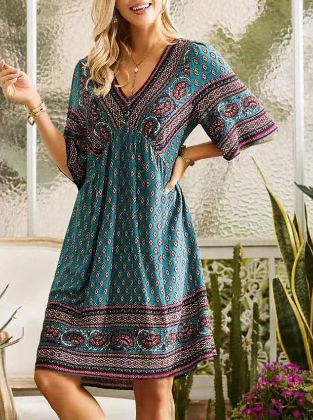 Summer New Fashion Literary Retro Printed Dress Women's V-neck Short-sleeved Mini Dress Elegant Casual Loose Party Dresses