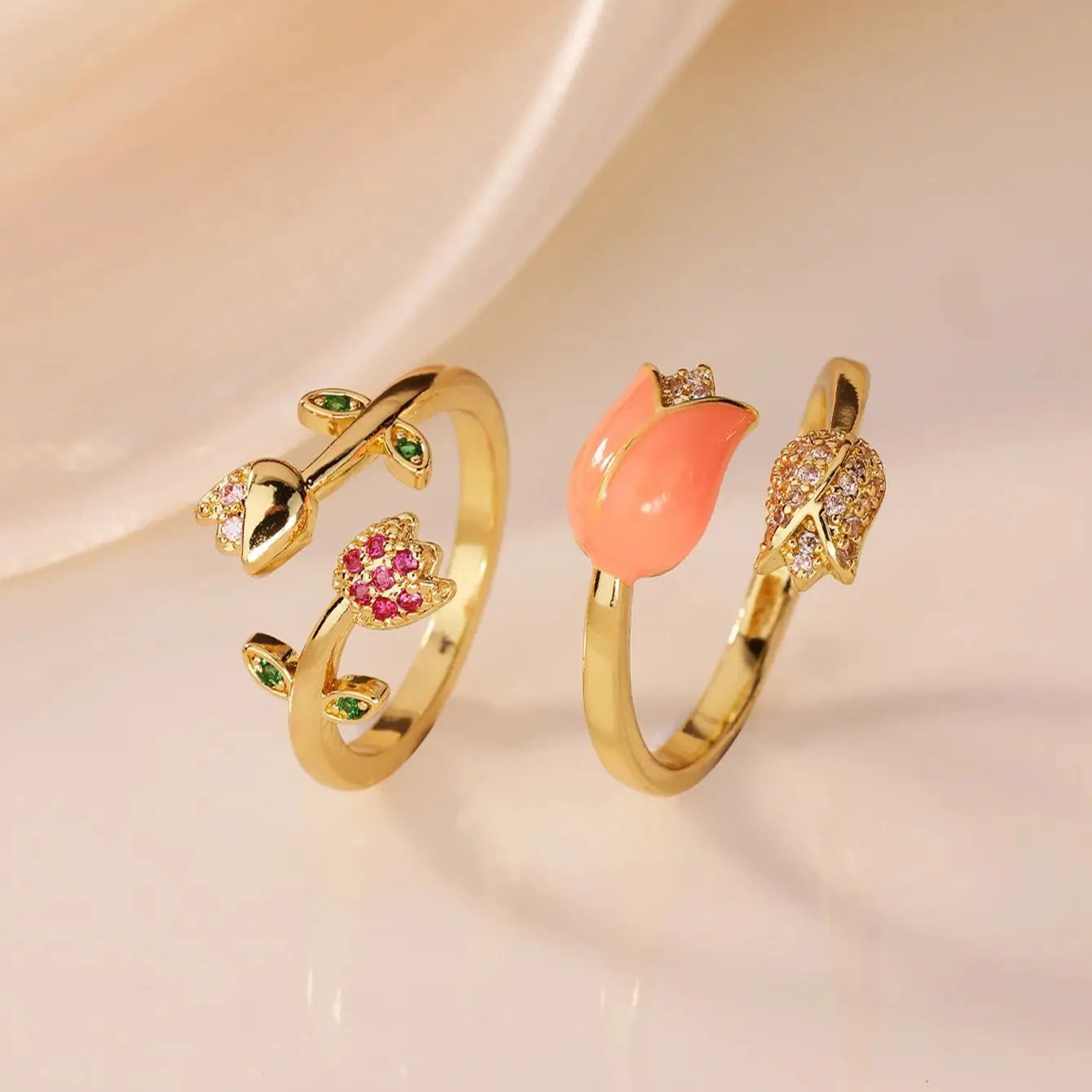 Romantic Colorful Tulip Flower CZ Stainless Steel Women's Ring 18K Gold-plated Anti Fading Rings Wedding Jewelry New Accessories
