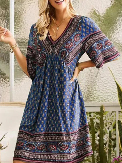 Summer New Fashion Literary Retro Printed Dress Women's V-neck Short-sleeved Mini Dress Elegant Casual Loose Party Dresses