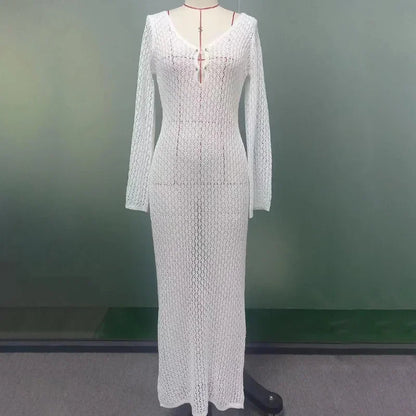Tornova 2025 New Crochet Beach Maxi Dress Women's Sexy Knitted Hollow Bikini Swimsuit Cover-Up Sun Protection Dress See Through