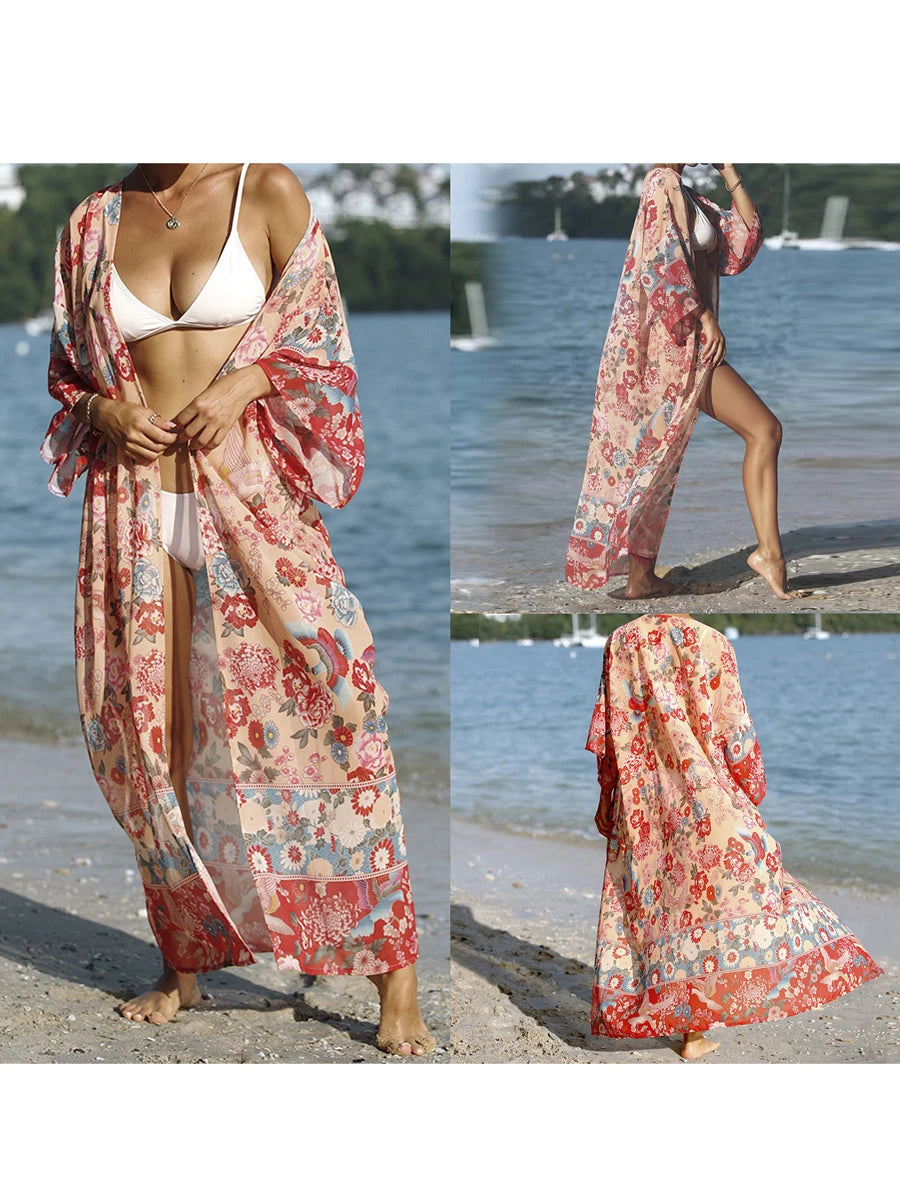 Floral Print Bikini Sexy Cover Up For Beach Long Kimonos Bikini Cover Up Robe de Plage Sarong Beach Swimsuit Cardigans Cover-ups