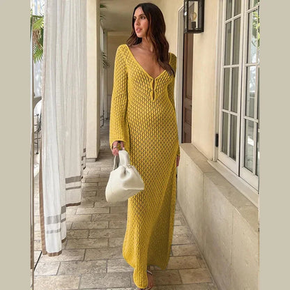 Tornova 2025 New Crochet Beach Maxi Dress Women's Sexy Knitted Hollow Bikini Swimsuit Cover-Up Sun Protection Dress See Through