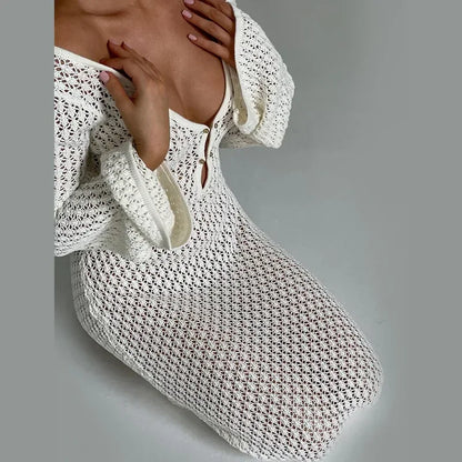 Tornova 2025 New Crochet Beach Maxi Dress Women's Sexy Knitted Hollow Bikini Swimsuit Cover-Up Sun Protection Dress See Through