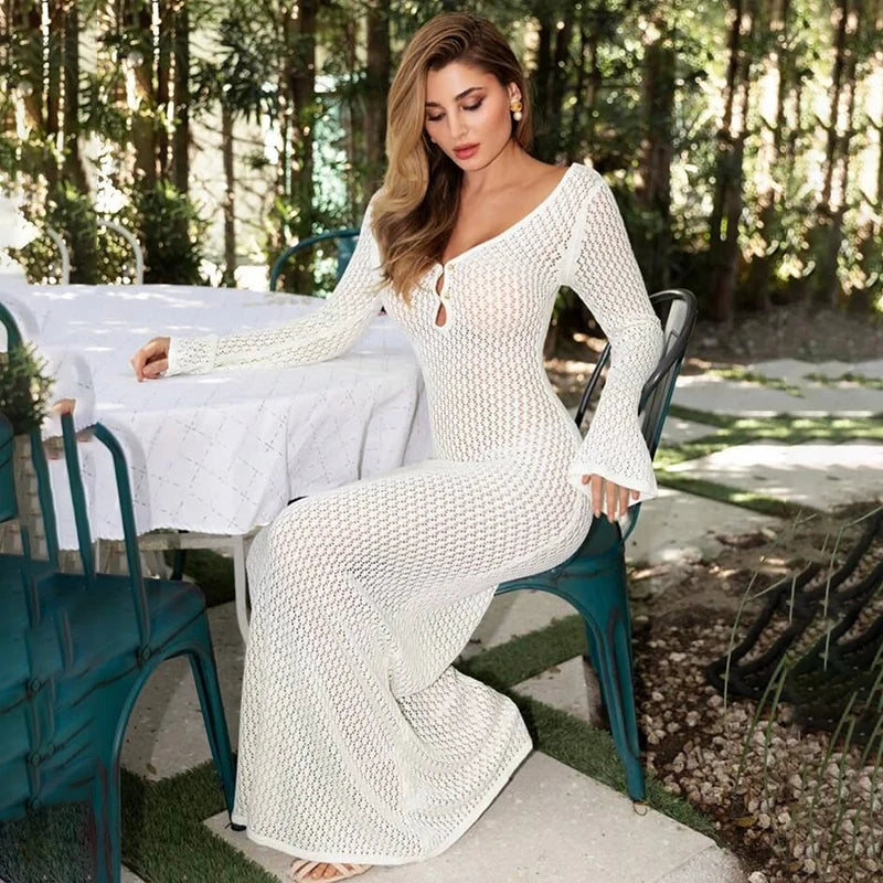 Tornova 2025 New Crochet Beach Maxi Dress Women's Sexy Knitted Hollow Bikini Swimsuit Cover-Up Sun Protection Dress See Through