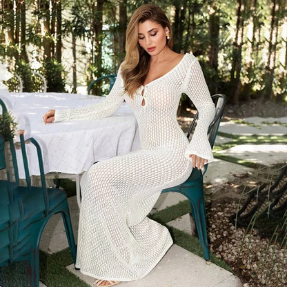 Tornova 2025 New Crochet Beach Maxi Dress Women's Sexy Knitted Hollow Bikini Swimsuit Cover-Up Sun Protection Dress See Through
