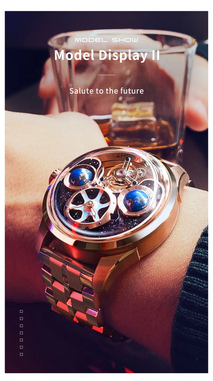 IDEAL KNIGHT Top Brand Luxruy Mens Watch Advanced Tourbillon Automatic Mechanical Watch Waterproof Luminous Dual Region Time
