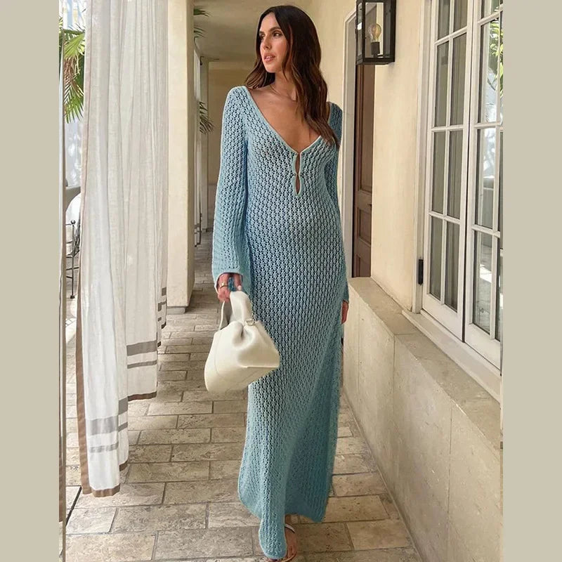 Tornova 2025 New Crochet Beach Maxi Dress Women's Sexy Knitted Hollow Bikini Swimsuit Cover-Up Sun Protection Dress See Through