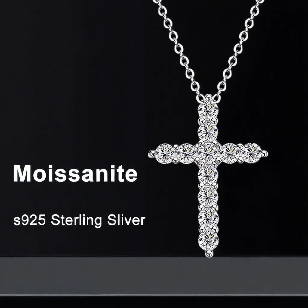 Full Moissanite Cross Pendant Original Sterg Sliver Chain Plated White Gold Fine Necklace For Women Jewelry
