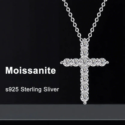 Full Moissanite Cross Pendant Original Sterg Sliver Chain Plated White Gold Fine Necklace For Women Jewelry