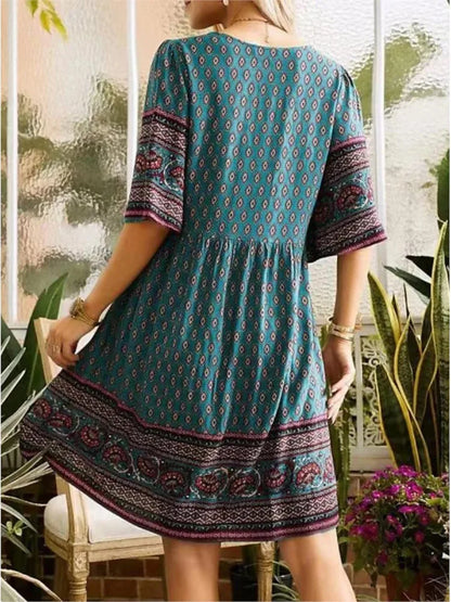 Summer New Fashion Literary Retro Printed Dress Women's V-neck Short-sleeved Mini Dress Elegant Casual Loose Party Dresses