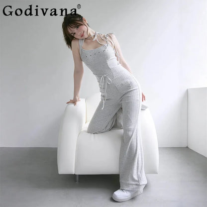 2025 Japanese Style Fashion Off-Shoulder Knit Jumpsuit for Women Summer New Sweet Girls Versatile Jumpsuits Lady Casual Pants