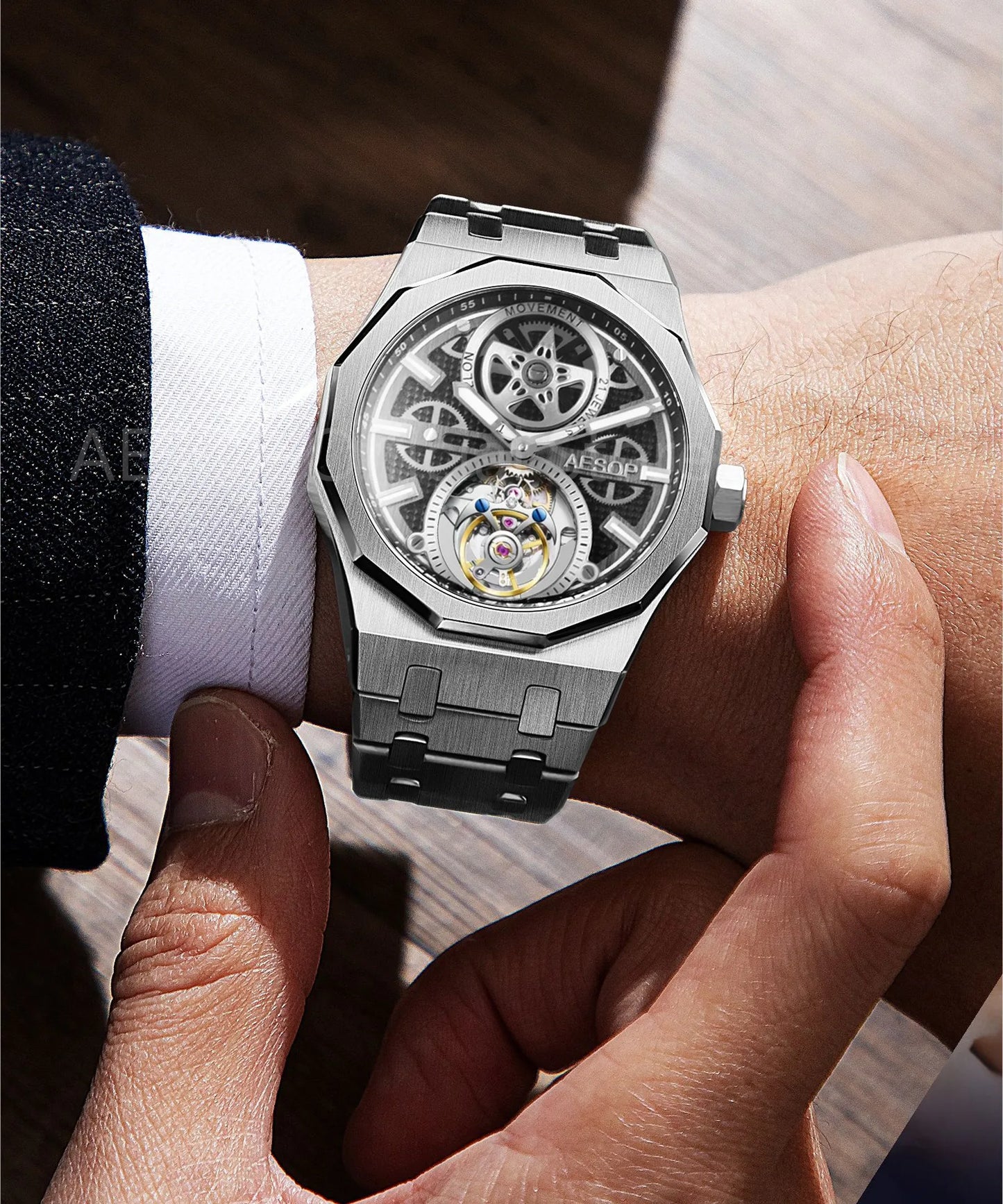 AESOP Men Flying Tourbillon Movement Mechanical Automatic Luxury Watches Wristwatches Skeleton Watch Brand For Man Sapphire