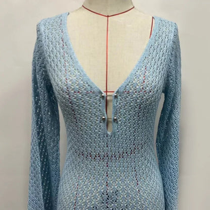 Tornova 2025 New Crochet Beach Maxi Dress Women's Sexy Knitted Hollow Bikini Swimsuit Cover-Up Sun Protection Dress See Through