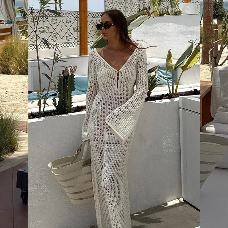 Tornova 2025 New Crochet Beach Maxi Dress Women's Sexy Knitted Hollow Bikini Swimsuit Cover-Up Sun Protection Dress See Through