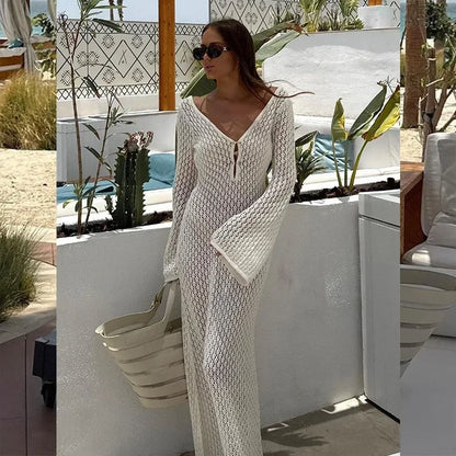 Tornova 2025 New Crochet Beach Maxi Dress Women's Sexy Knitted Hollow Bikini Swimsuit Cover-Up Sun Protection Dress See Through