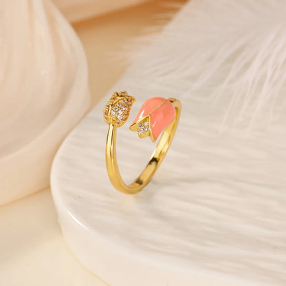 Romantic Colorful Tulip Flower CZ Stainless Steel Women's Ring 18K Gold-plated Anti Fading Rings Wedding Jewelry New Accessories