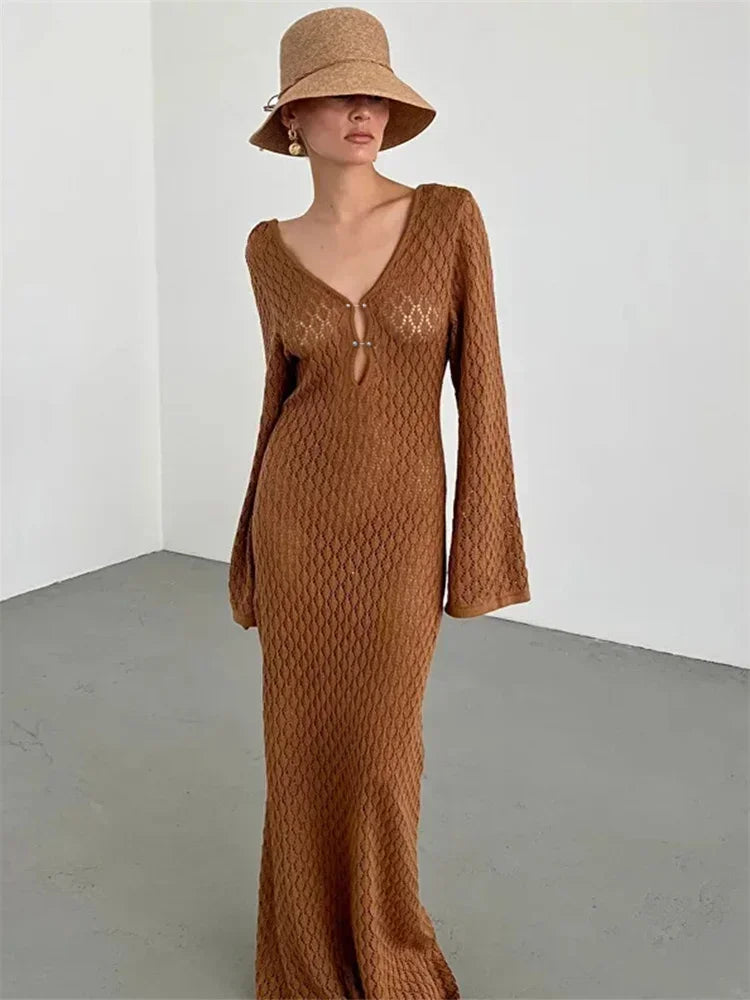 Tornova 2025 New Crochet Beach Maxi Dress Women's Sexy Knitted Hollow Bikini Swimsuit Cover-Up Sun Protection Dress See Through